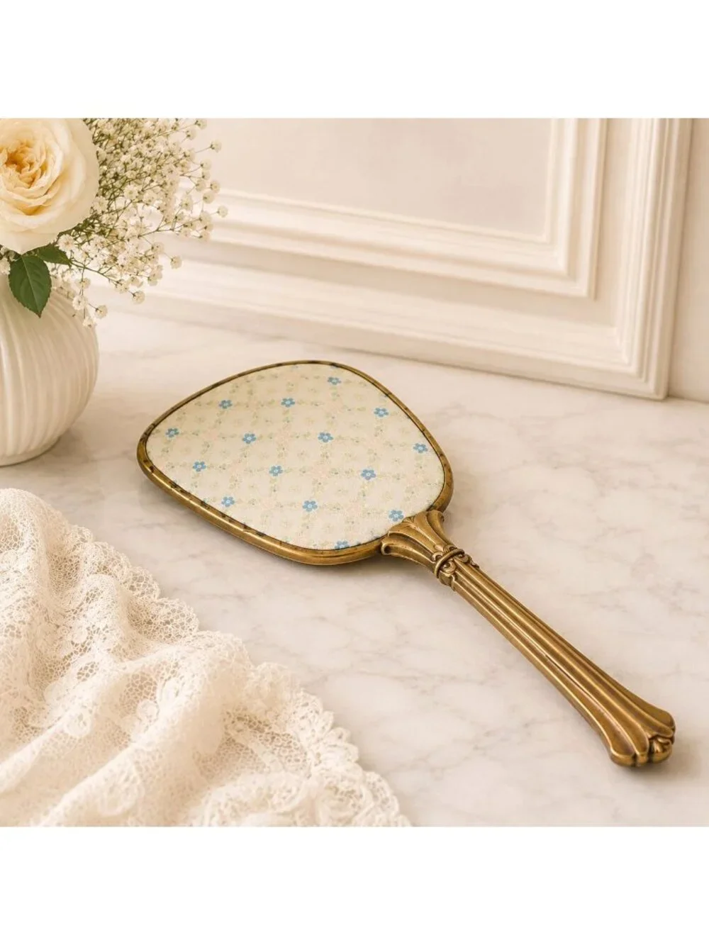 Vanity Hand Mirror Boudoir Decor Blue Floral VTG Brass Tone Hollywood Regency